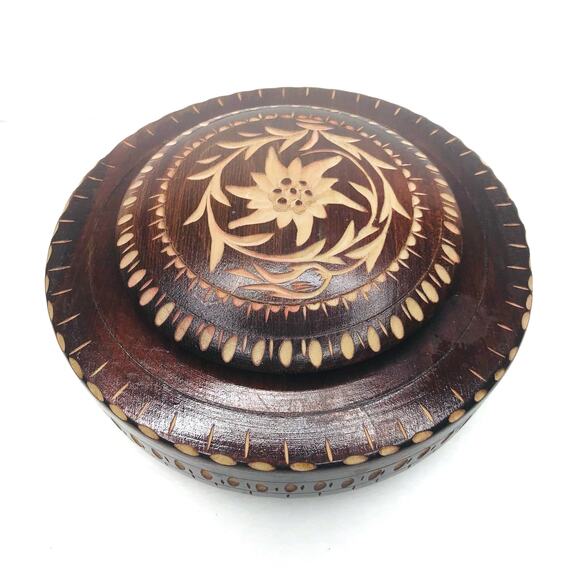 Home Décor Wooden Carved Bowl With Lid Floral Pattern Brown Finish - Picture 1 of 13